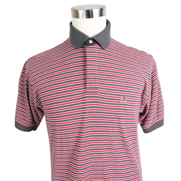 Vintage Tommy Hilfiger Polo Shirt Mens XL Red & Gray Striped Short Sleeve Crest - Picture 1 of 10